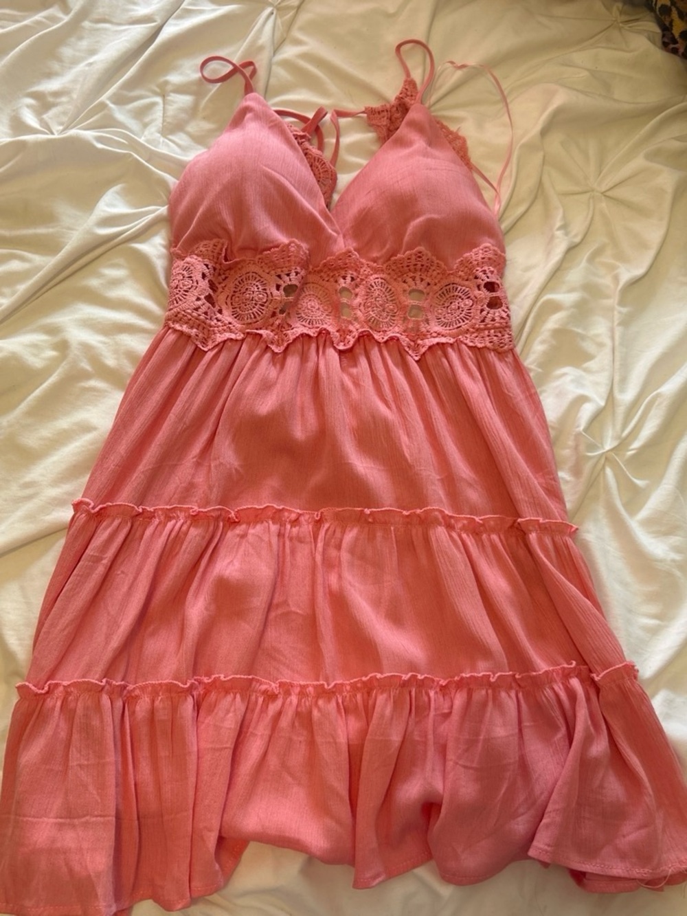 Lace-Trim Spaghetti Strap Mini Dress in Coral Pink